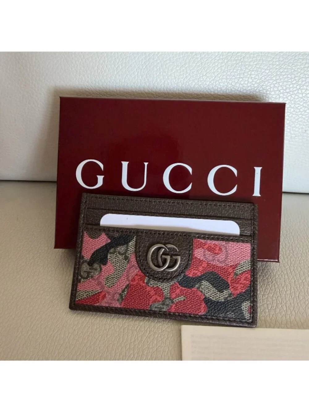 NWT Gucci GG Monogram Red Camo Canvas Brown LeatherCard Holder Wallet Authentic
